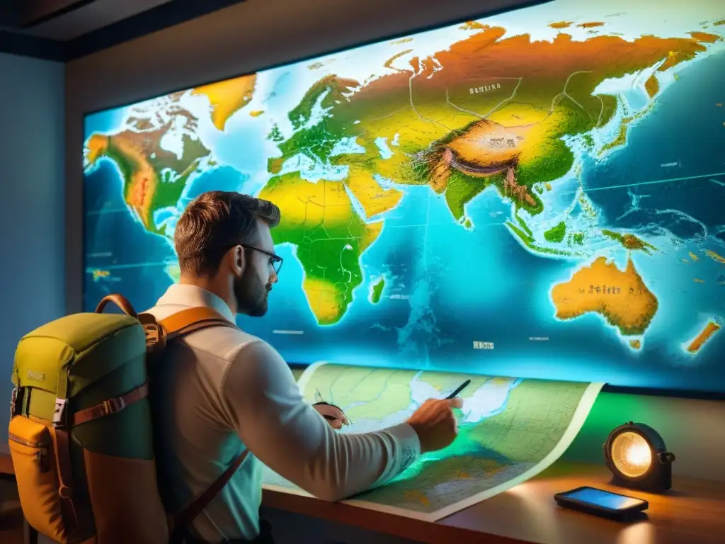 Un cartógrafo moderno examina detalladamente un mapa topográfico rodeado de dispositivos de supervivencia en una habitación tenue