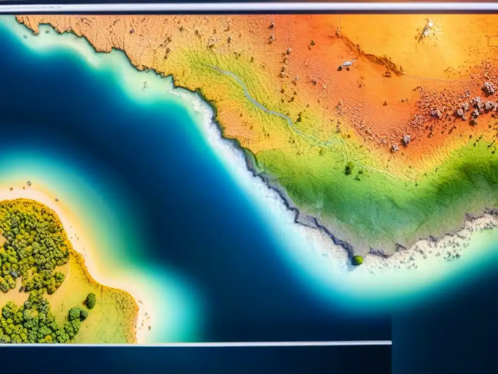 Un cartógrafo profesional analiza minuciosamente datos de mapeo aéreo en pantalla, rodeado de mapas y tecnología