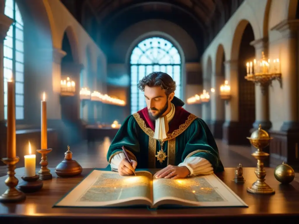 Un cartógrafo renacentista estudia un mapa celestial en una biblioteca iluminada por velas