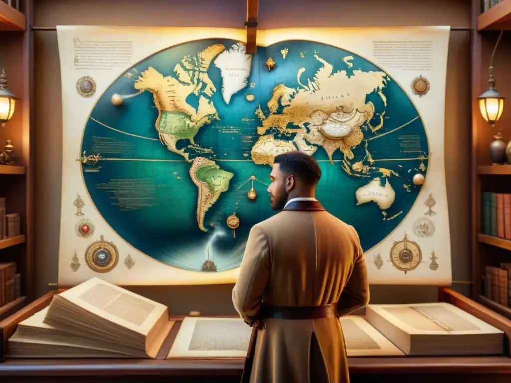 Un cartógrafo del Renacimiento traza una detallada carta geográfica en un ambiente de descubrimiento y significado histórico