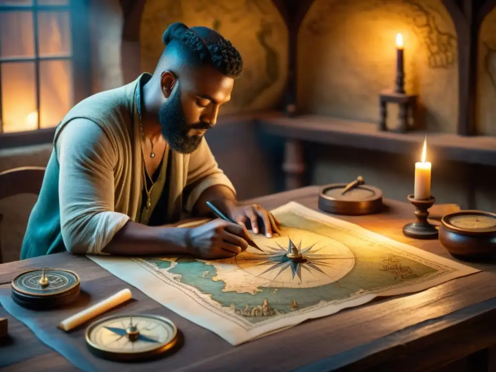 Un cartógrafo en su taller medieval, iluminado por velas, detallando un mapa en pergamino