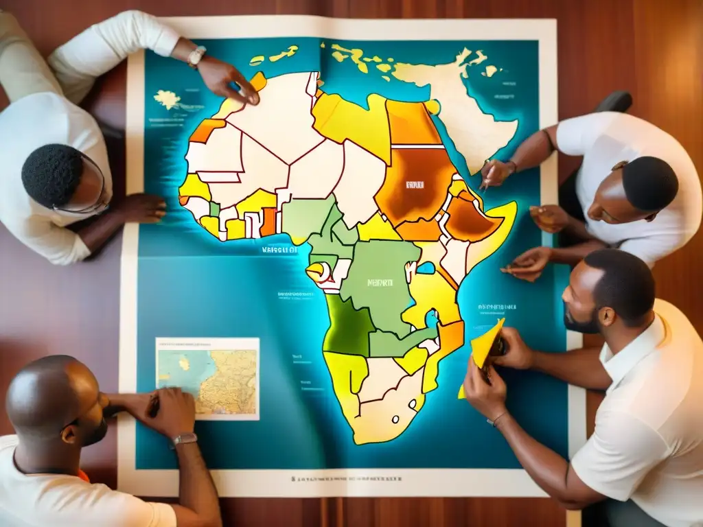 Cartógrafos africanos analizan detallado mapa con herramientas, fusionando pasado y presente en la evolución cartografía mapas digital