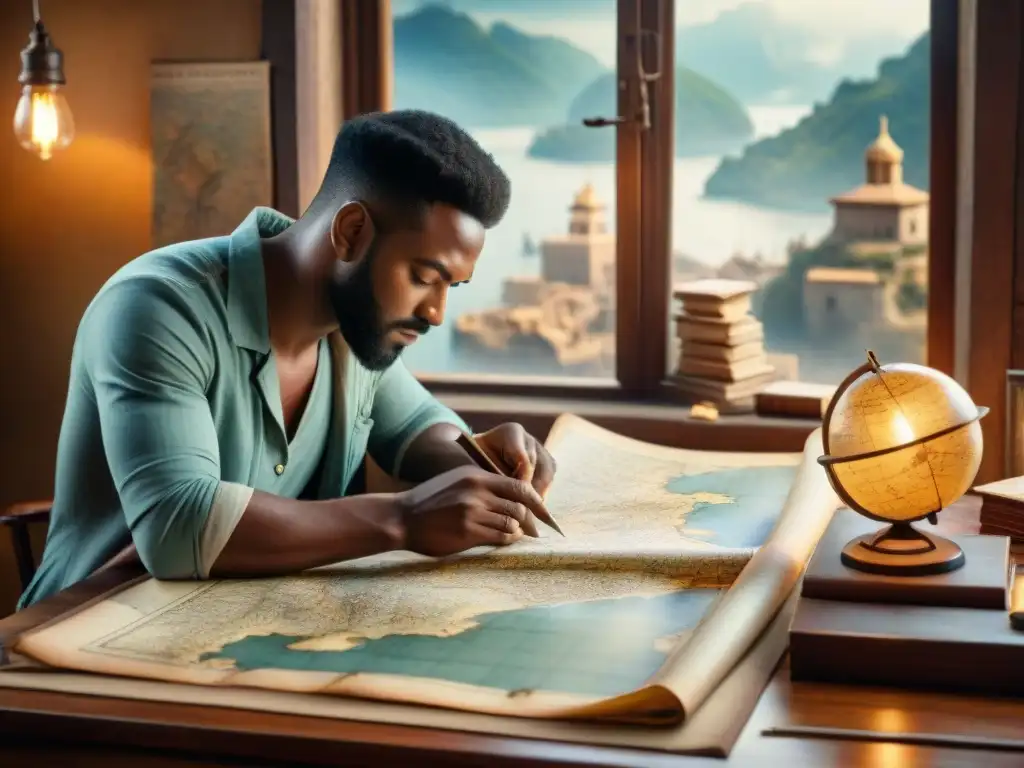 Cartógrafos antiguos trazando mapas en pergamino, rodeados de herramientas y mapas viejos, iluminados por luz cálida