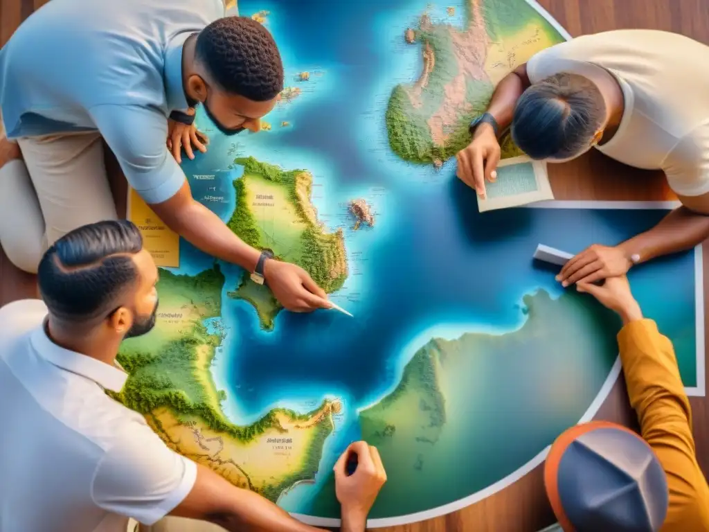 Colaboración de cartógrafos: evolución histórica de la cartografía Cartógrafos de diferentes épocas colaborando en mapas, mostrando la evolución de técnicas y la influencia de la cartografía