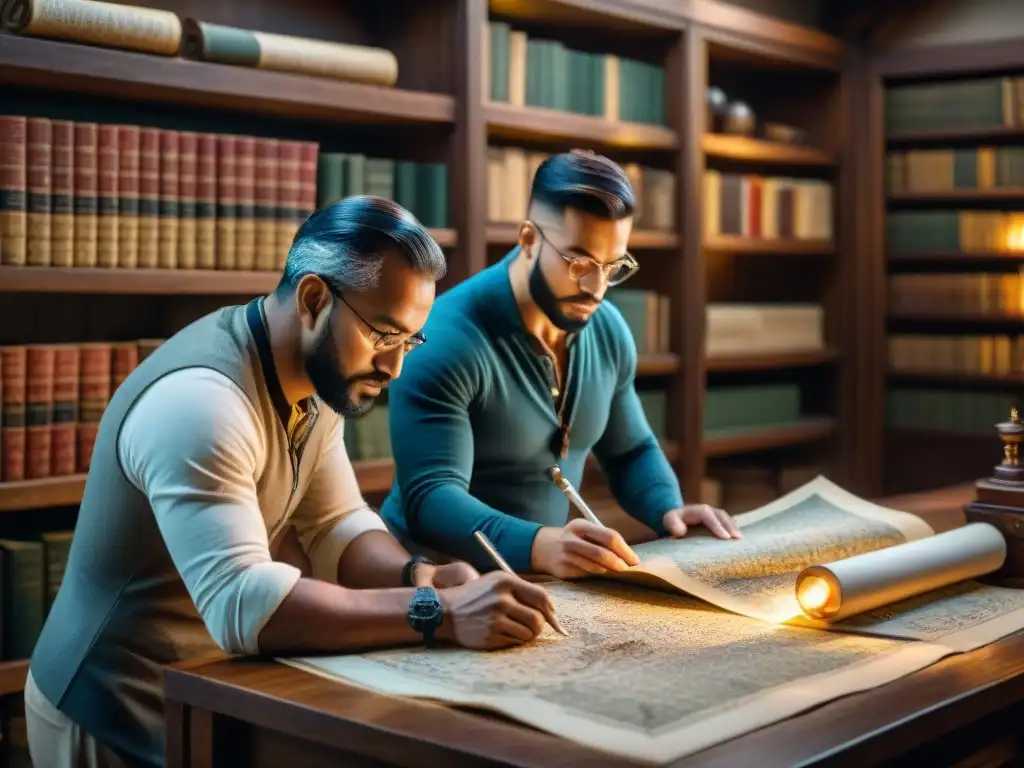 Cartógrafos históricos elaborando detallados mapas en un estudio antiguo y académico, rodeados de herramientas de navegación y mapas antiguos