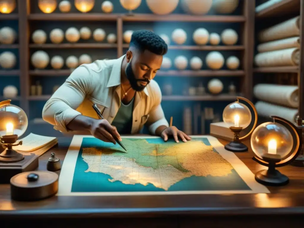 Cartógrafos elaborando mapas detallados en un taller histórico, iluminados por velas