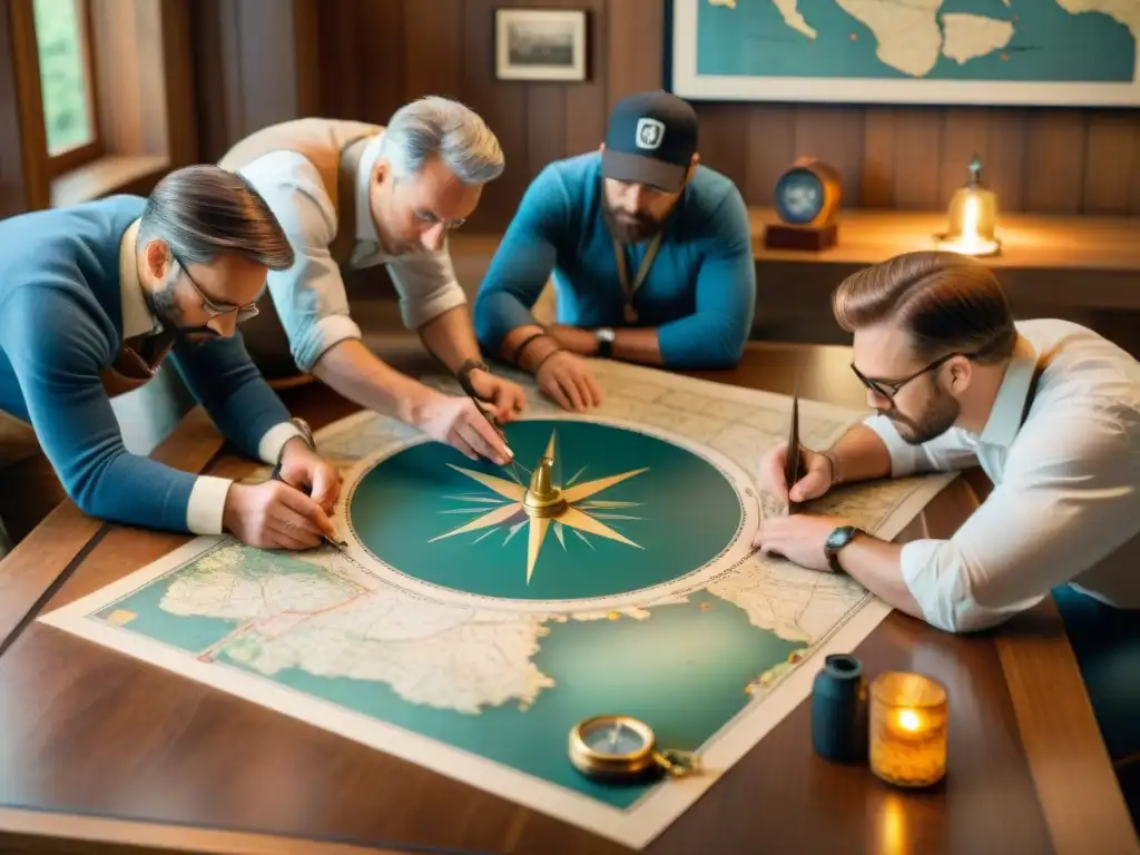 Cartógrafos en sala iluminada, detallando mapas antiguos