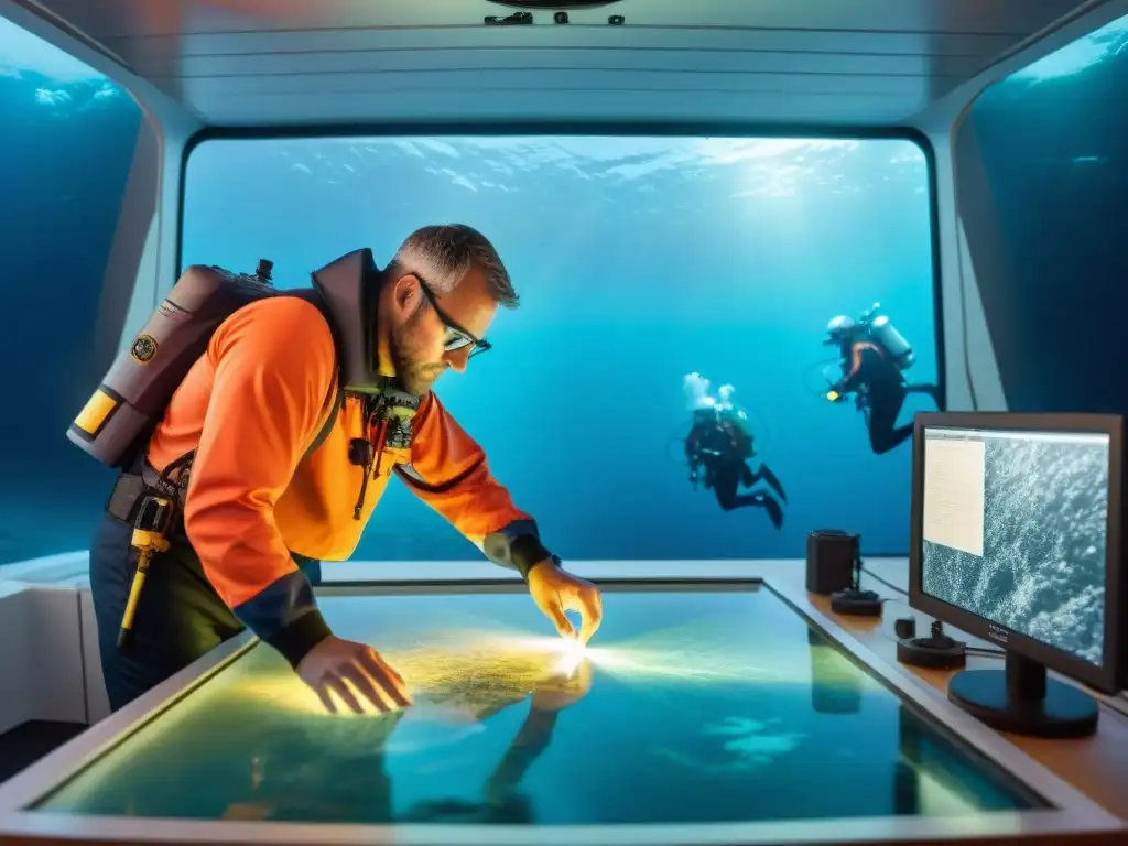 Cartógrafos marinos mapeando el fondo marino: detalle e intensidad Cartógrafos submarinos mapean lecho marino con sonar