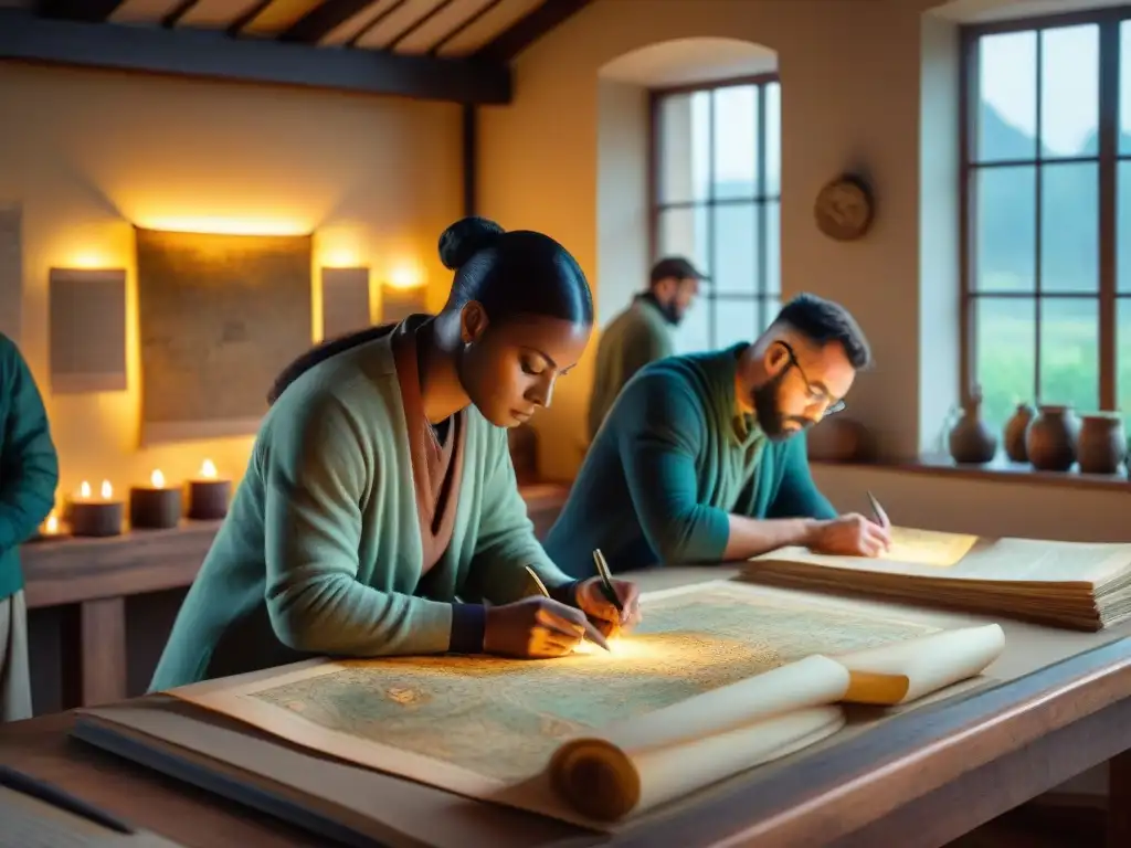 Cartógrafos trabajando en un taller antiguo, iluminados por velas, usando técnicas modernas para mapas antiguos