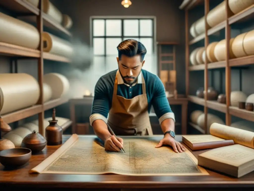 Cartógrafos en taller antiguo dibujando mapas en pergamino rodeados de instrumentos históricos