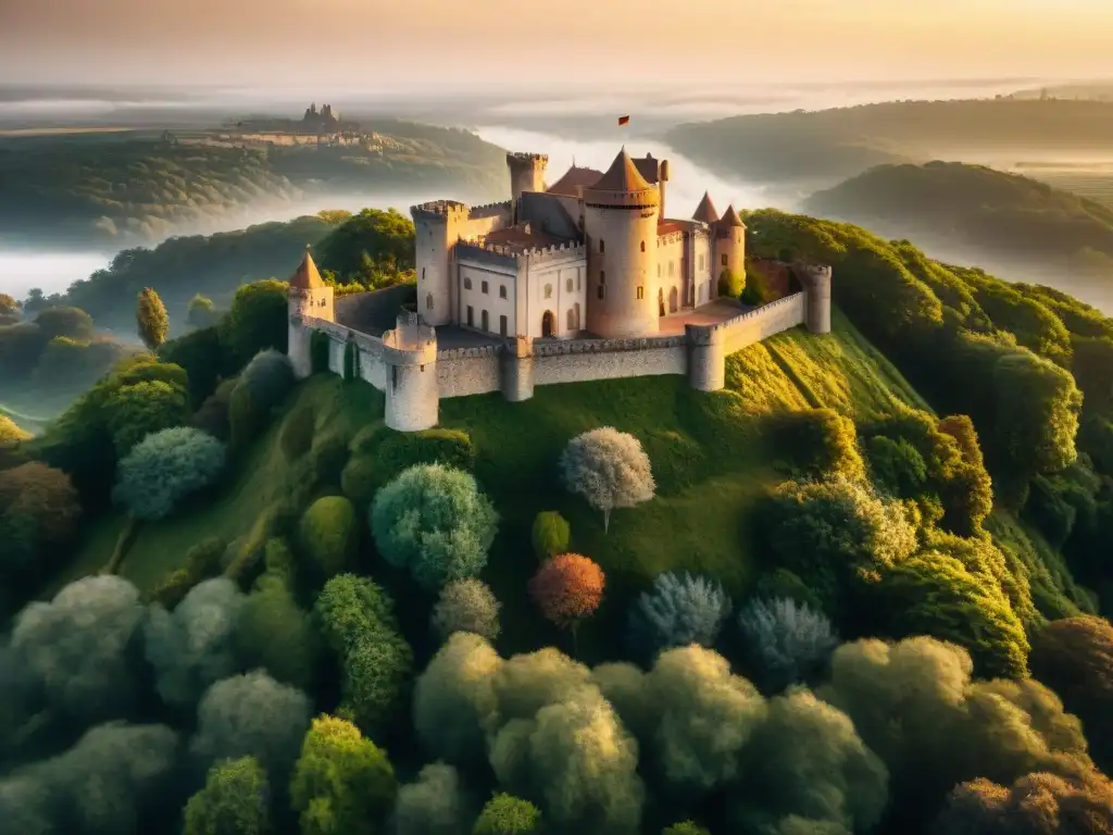 Castillo antiguo rodeado de vegetación, capturado por drone al atardecer