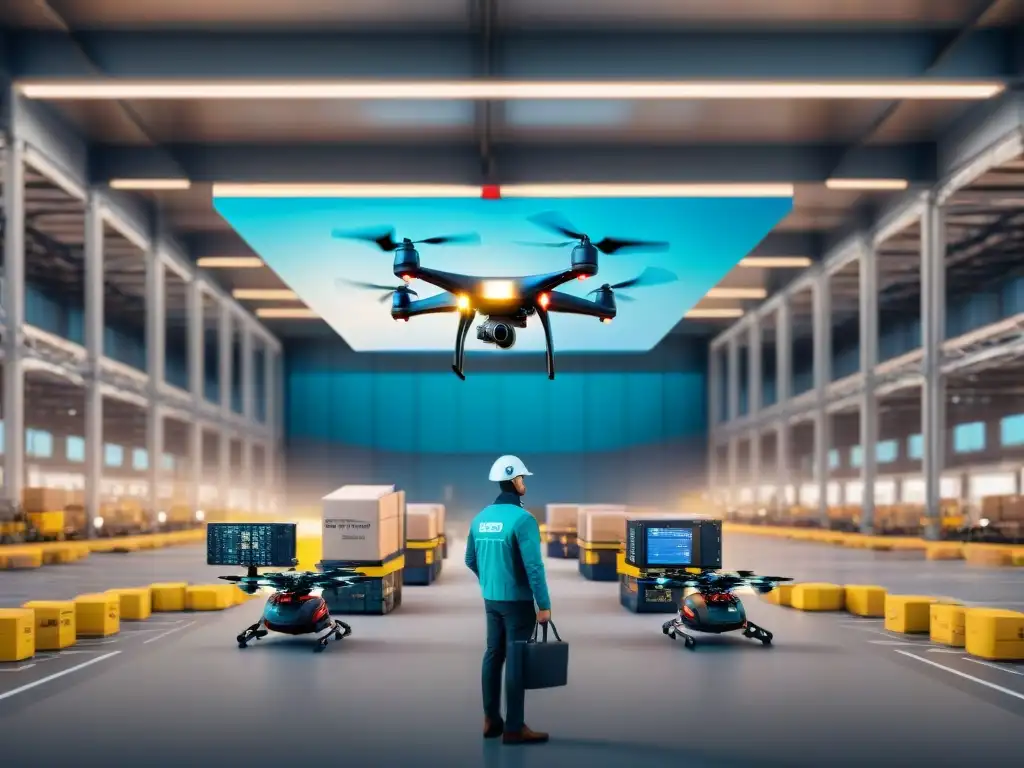 Un centro logístico futurista con tecnología de mapas integrada, drones, brazos robóticos y un mapa digital mostrando rutas de envío en tiempo real