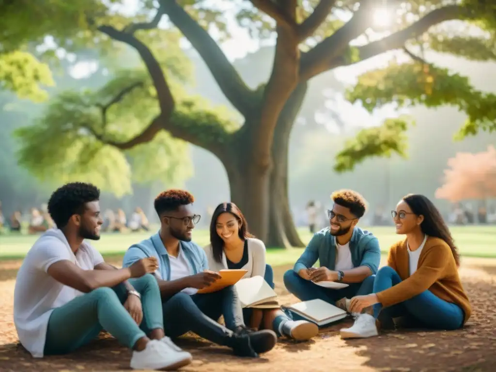 Un círculo de estudiantes diverso dibujando mapas mentales bajo un árbol en la universidad