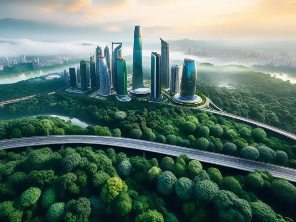 Una ciudad futurista integrada con bosques, ilustrando la armonía entre desarrollo urbano y naturaleza