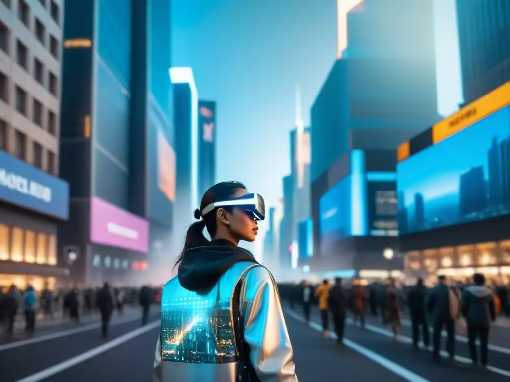 Una ciudad futurista con mapas interactivos de realidad aumentada proyectados en edificios y calles, personas usando gafas AR