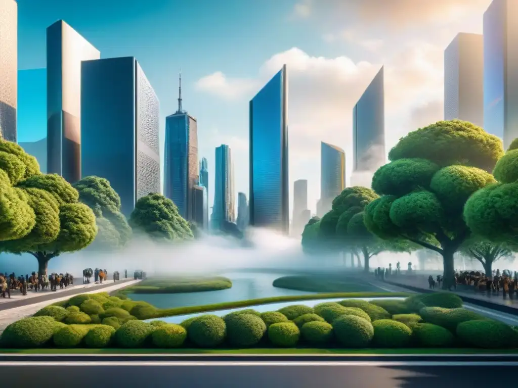 Una ciudad futurista se fusiona con la naturaleza, mostrando elementos de realidad aumentada en cartografía