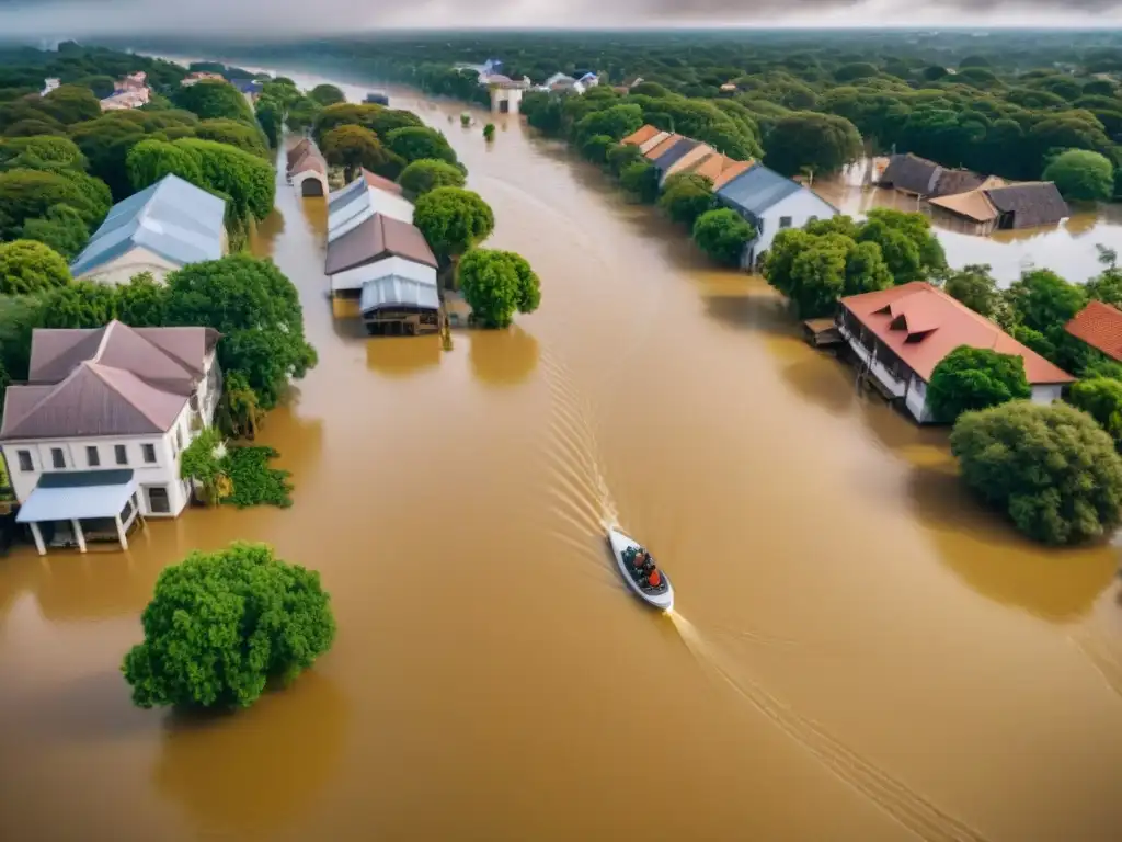 Ciudad inundada, edificios sumergidos, calles convertidas en ríos, botes de rescate navegando