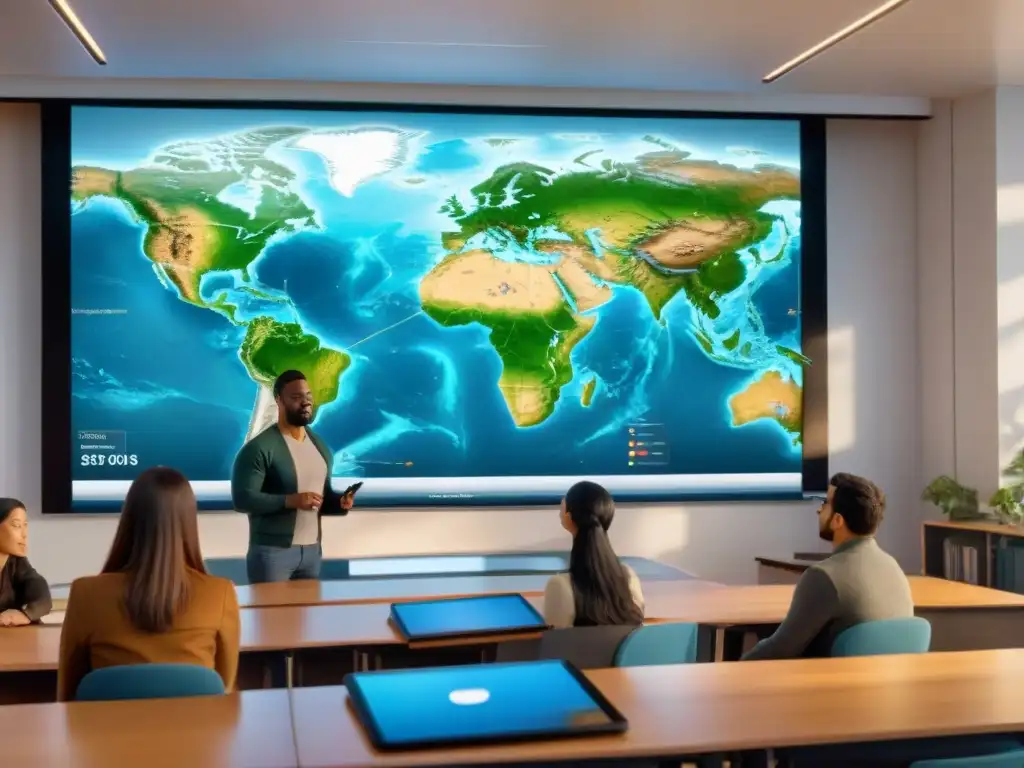 Clase inmersiva con mapas interactivos en educación: alumnos y maestro explorando historia y geografía en un aula moderna