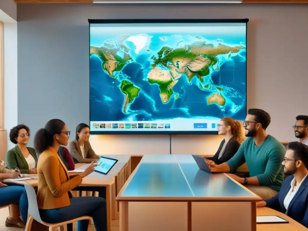 Una clase moderna usa Google Earth en enseñanza cartografía, creando un ambiente tecnológico y diverso