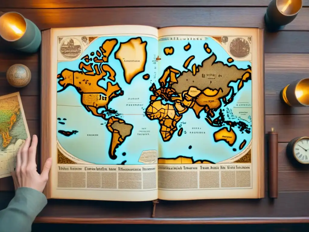 Mapas antiguos detallados: tierras, mares y criaturas legendarias Una colección de mapas antiguos detallados sobre una mesa de madera, evocando nostalgia por la evolución cartográfica