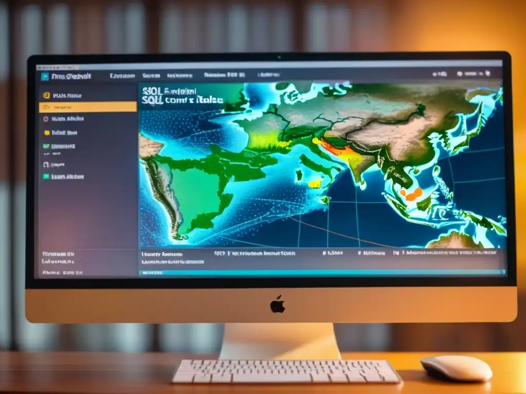 Una compleja consulta SQL en bases espaciales, mostrando tablas, mapas, código y gráficos estadísticos en un monitor vintage iluminado