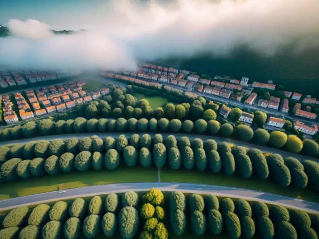 Complejo mapeo aéreo con drones, capturando la precisión y la complejidad de la ciudad desde arriba en sepia