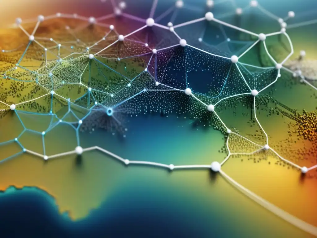 Un complejo mapa digital en sepia con una red de datos interconectados, representando software de cartografía y conjuntos de datos grandes