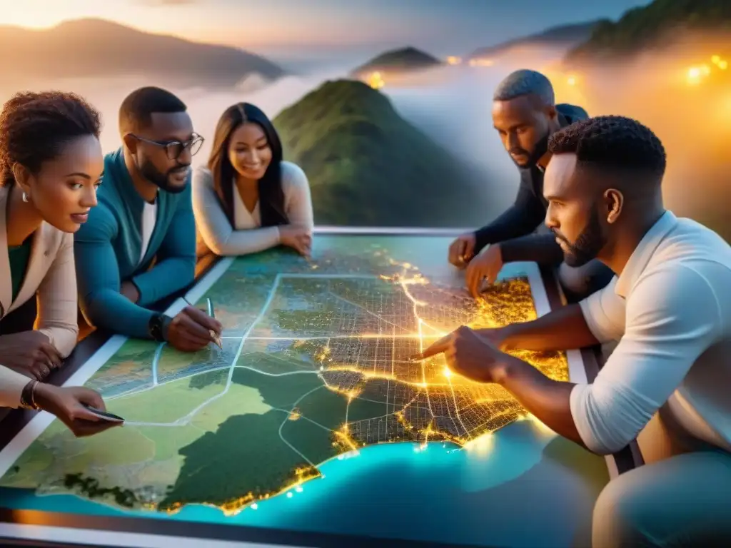 Interacción comunitaria en mapa digital: diversidad y datos geoespaciales Una comunidad diversa discute datos geoespaciales en una cartografía participativa iluminada