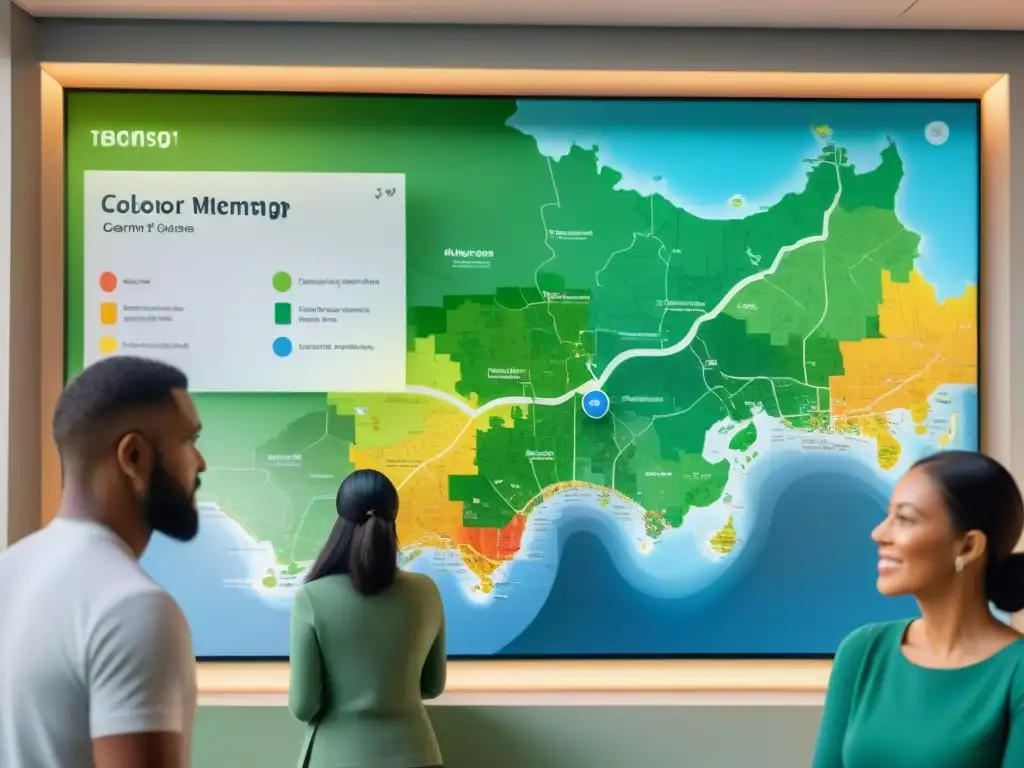 Mapa digital interactivo: Comunidad diversa colabora en empoderamiento Una comunidad diversa colaborando en un mapa interactivo, en un centro comunitario moderno