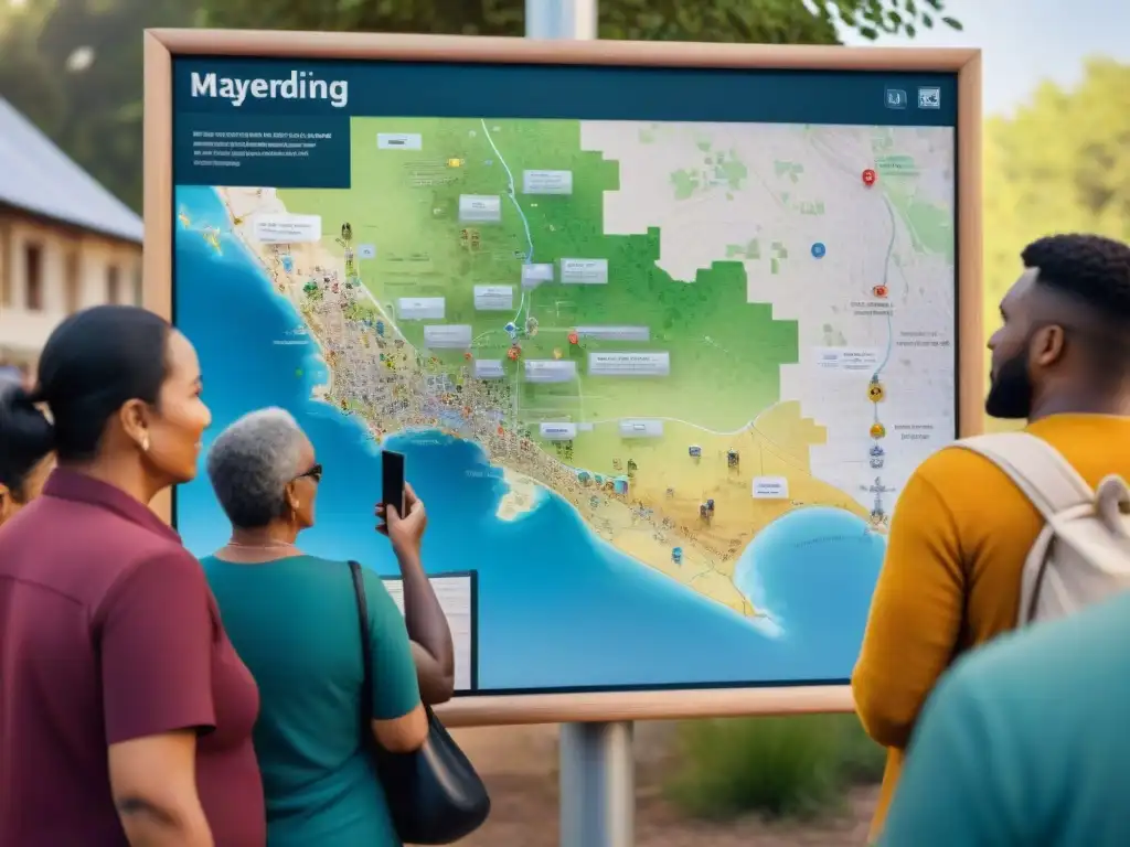 Comunidades locales colaborando en mapa interactivo con tecnología GPS, mostrando conexión entre personas y entorno