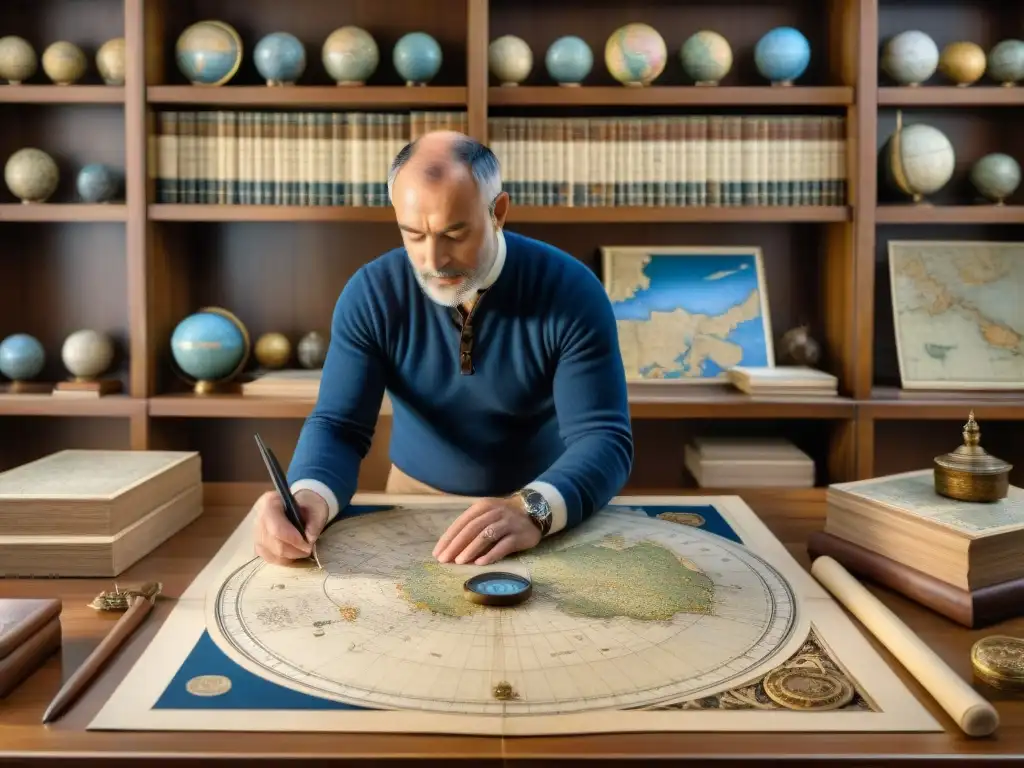 Fra Mauro concentrado en su detallado mapa rodeado de mapas antiguos evolución cartografía y herramientas históricas