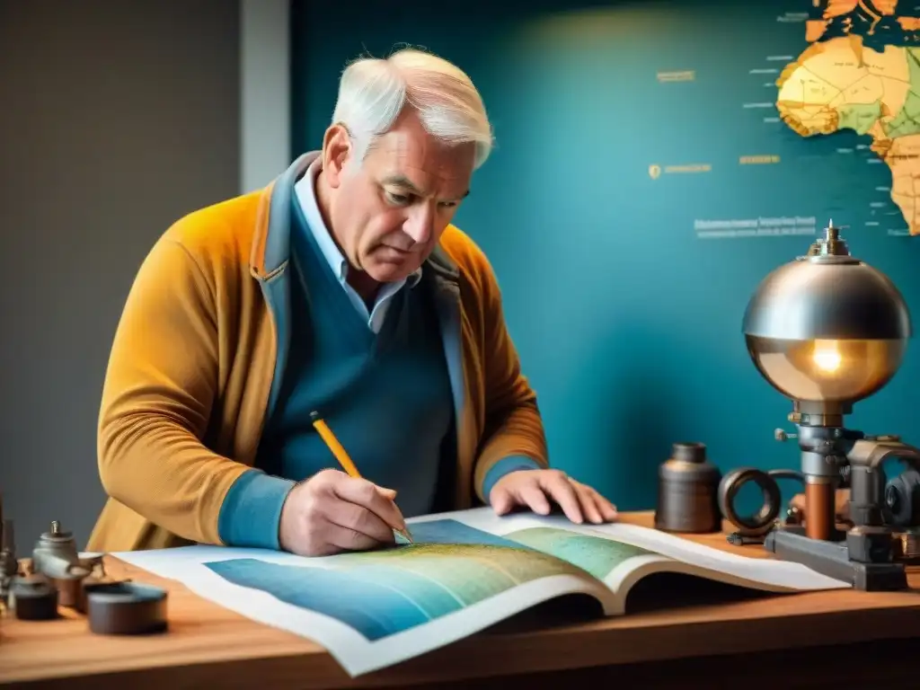 William Smith concentrado en su mapa geológico, rodeado de herramientas y mapas, reflejando determinación