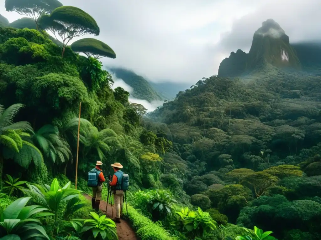 Expedición cartográfica en Ecuador: La Condamine y su equipo en la selva ecuatoriana, midiendo con equipo tradicional