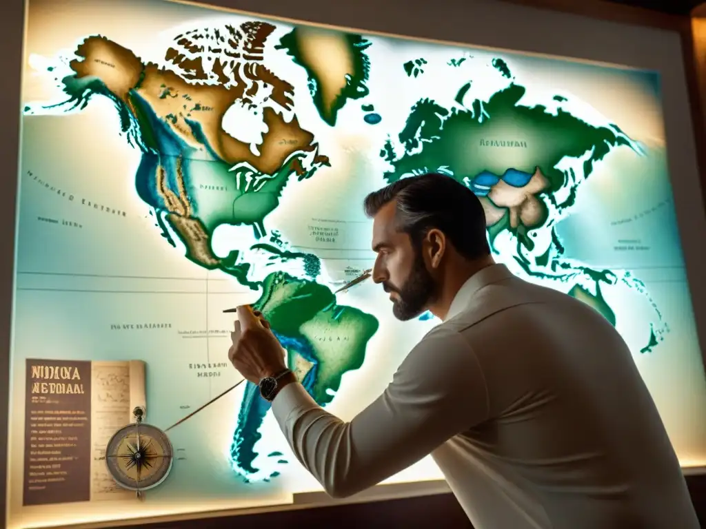 Juan de la Cosa cartografiando las Américas: detalle histórico en sepia Juan de la Cosa concentrado en un mapa detallado de las Américas, rodeado de instrumentos cartográficos