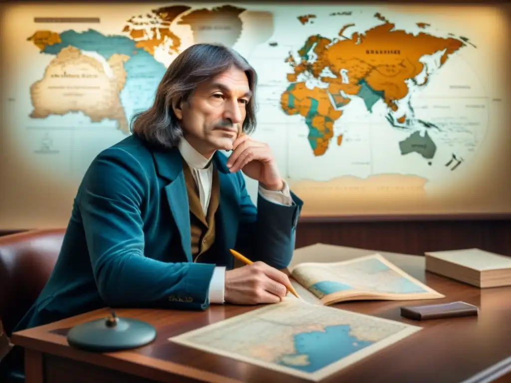 René Descartes reflexiona en su escritorio rodeado de mapas y plumas, con el plano cartesiano de fondo