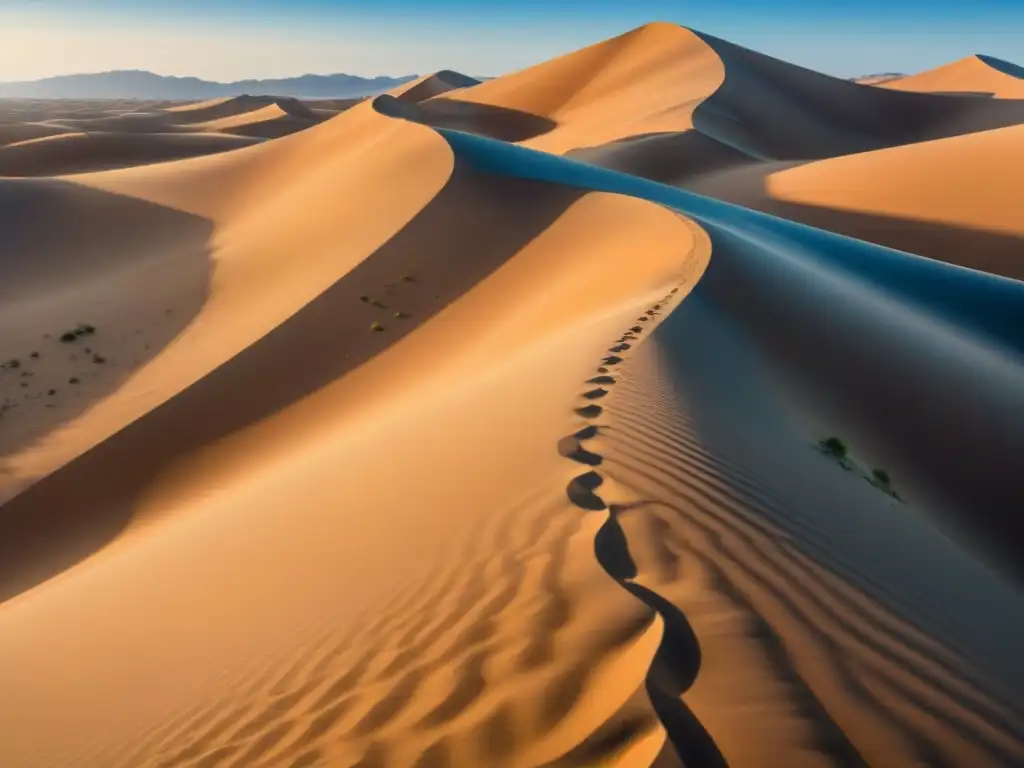 Desierto dorado con rutas de caravanas entrelazadas bajo cielo azul, resaltando la historia de las antiguas rutas de caravanas