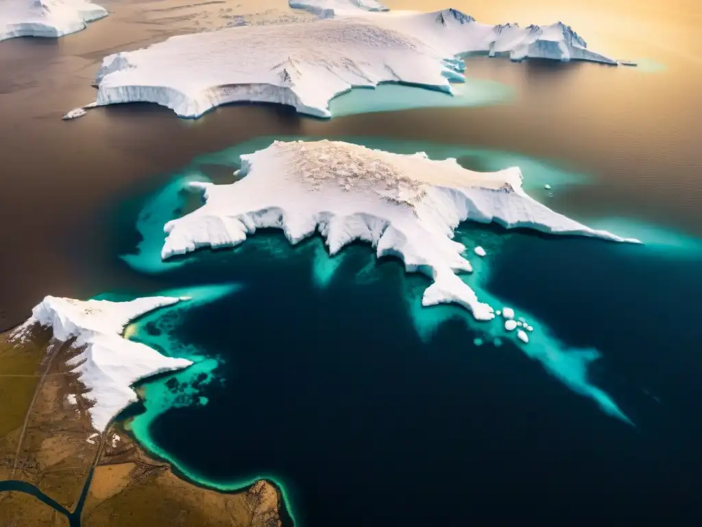 Desolador derretimiento de los casquetes polares con grietas y fragmentos de hielo desprendiéndose en el océano