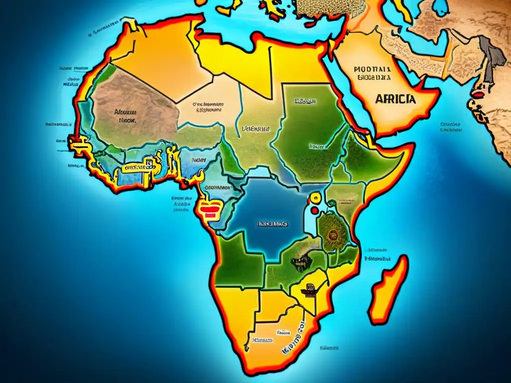 Ilustración detallada en sepia de un antiguo mapa de África, con elementos cartográficos históricos y multilingües