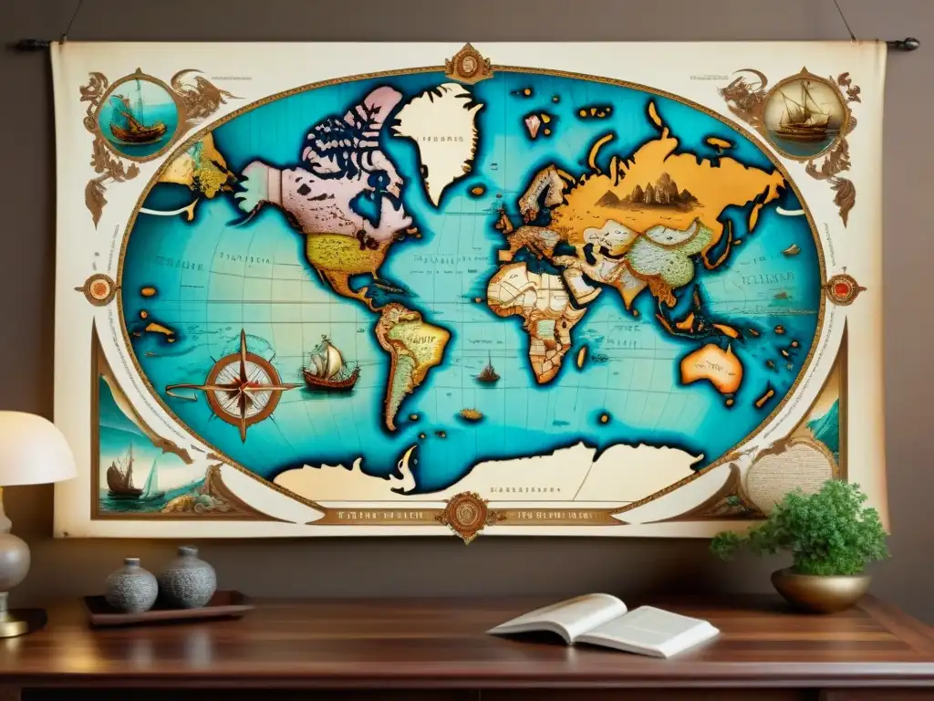 Mapa antiguo con criaturas marinas en mesa de madera Ilustración sepia detallada de un antiguo mapa mundial en mesa de madera envejecida