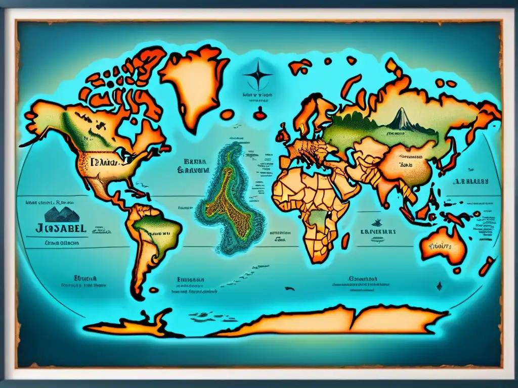 Ilustración detallada en sepia de un antiguo mapa mundial, con detalles cartográficos intrincados y monstruos marinos entrelazados