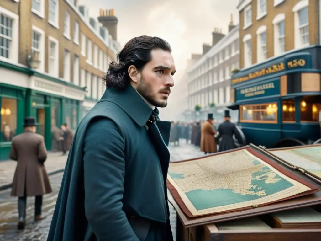 Ilustración detallada en sepia de una bulliciosa calle de Londres del siglo XIX, con John Snow analizando su famoso mapa de cólera