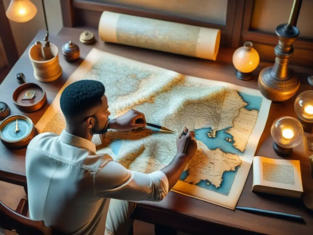 Ilustración detallada: antiguo cartógrafo traza mapa con tinta en pergamino Ilustración detallada en sepia de un cartógrafo antiguo trazando un mapa en pergamino con tinta y pluma, rodeado de instrumentos de cartografía