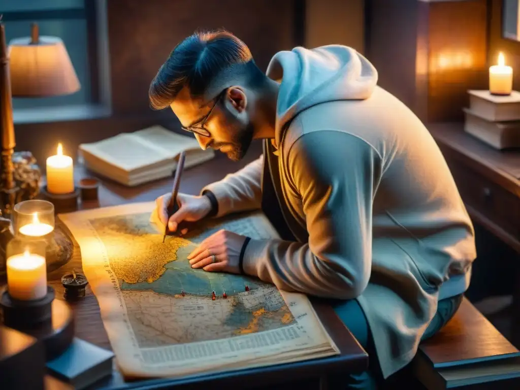 Ilustración detallada en sepia de cartógrafos antiguos elaborando mapas en pergamino en un estudio iluminado por velas