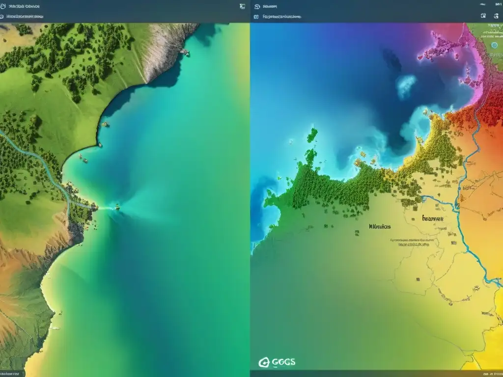 Detallada comparativa QGIS vs ArcGIS cartografía en sepia, mostrando interfaces, mapas y funcionalidades técnicas