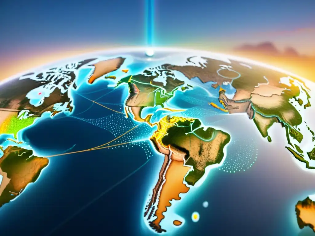 Una detallada cartografía digital del Internet de las cosas con intrincadas conexiones globales entre dispositivos inteligentes