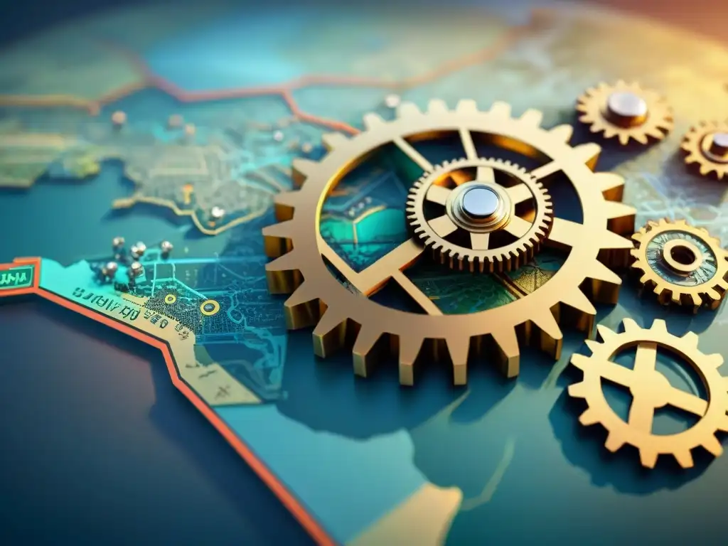 Una ilustración sepia detallada de engranajes interconectados simbolizando la compatibilidad e integración de herramientas cartográficas