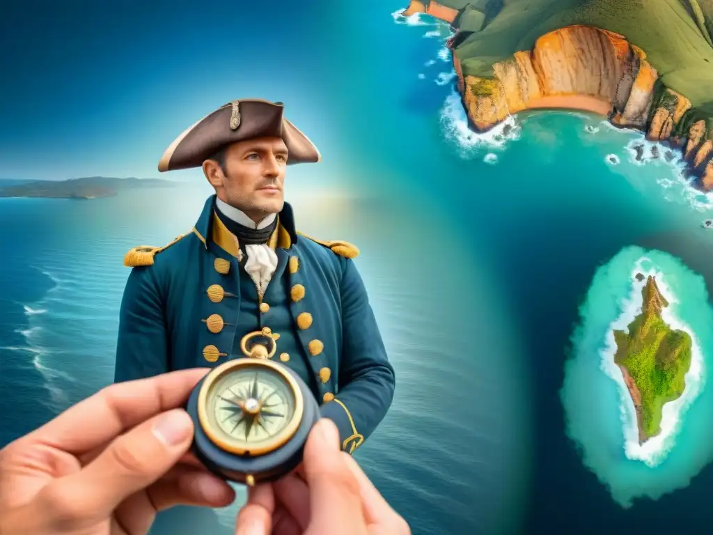 Ilustración detallada de Matthew Flinders cartografiando la costa australiana, destacando su importancia cartográfica