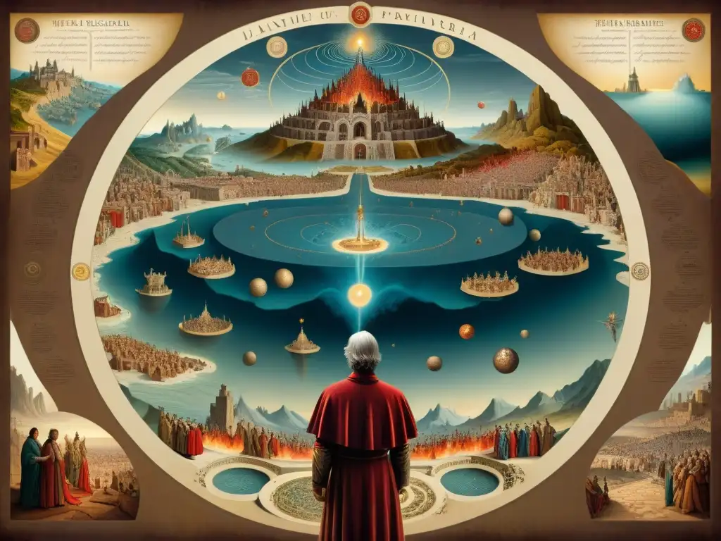 Ilustración sepia detallada de Dante Alighieri frente a una compleja cartografía en la Divina Comedia, con almas perdidas y seres celestiales