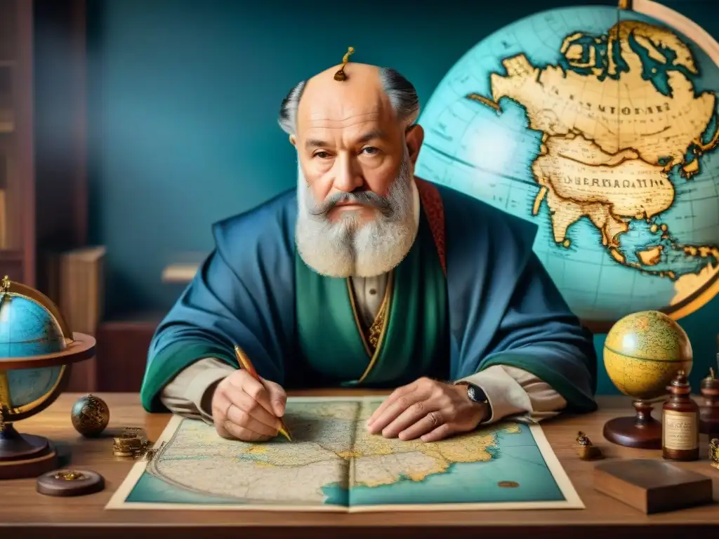 Ilustración detallada de Gerardus Mercator cartógrafo en pleno Renacimiento Ilustración sepia detallada de Gerardus Mercator trabajando en un mapa en su escritorio, rodeado de herramientas de cartografía