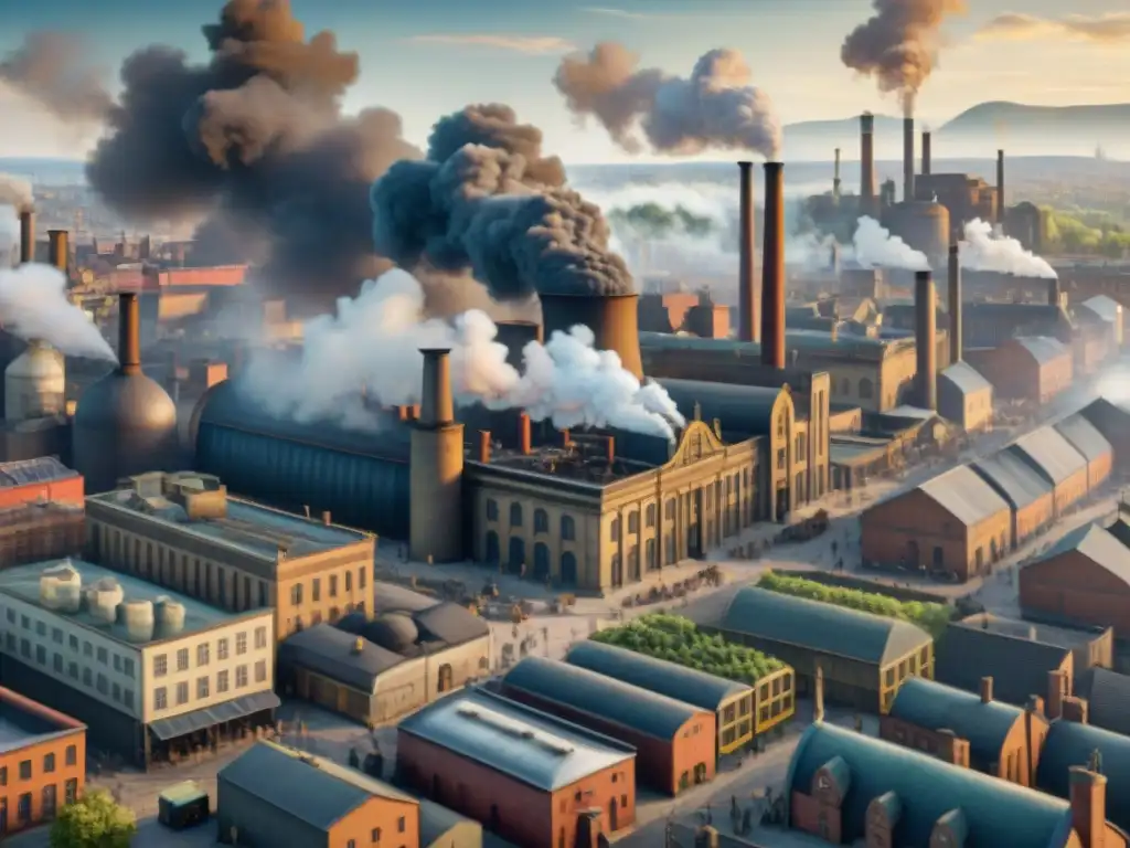 Una detallada imagen sepia de una bulliciosa ciudad industrial europea durante la Revolución Industrial, con evolución cartográfica